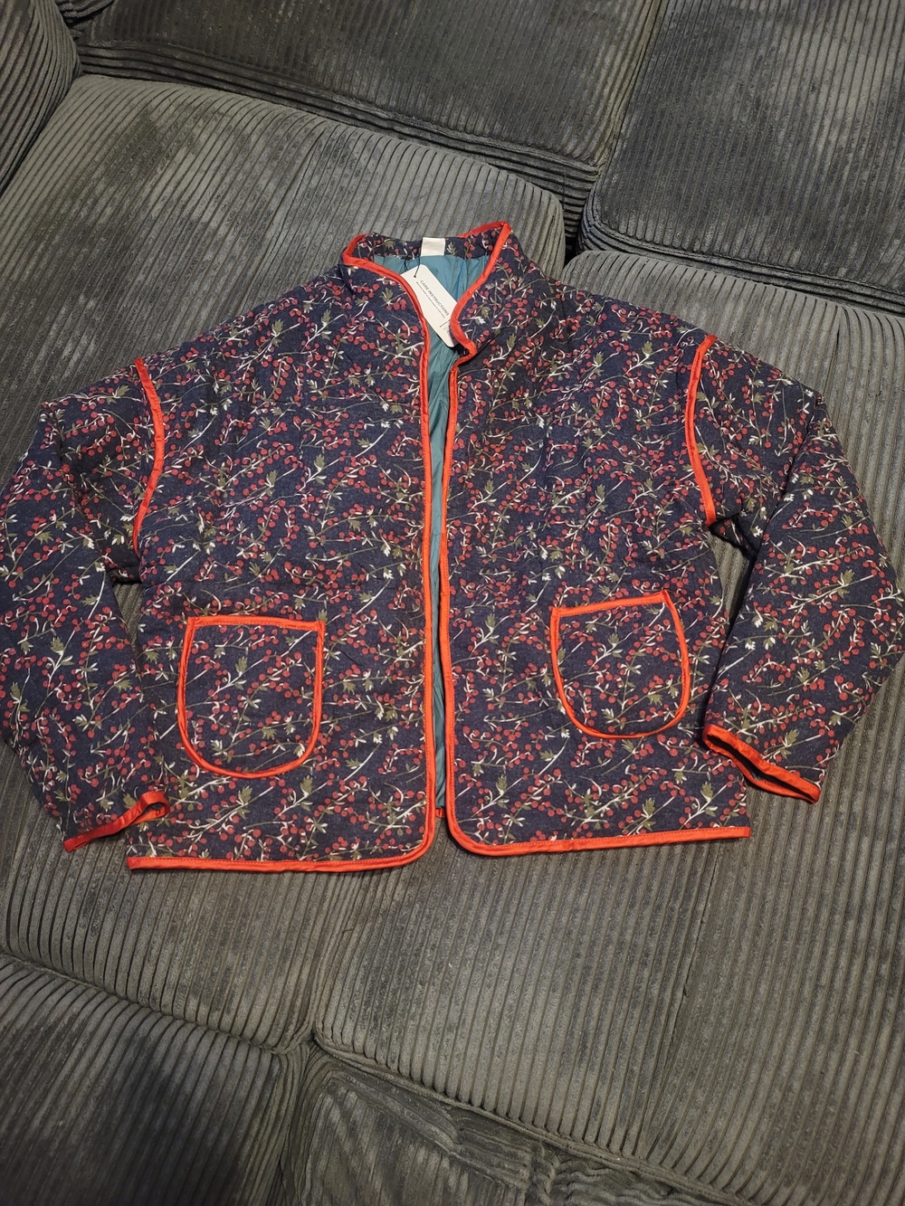 Floral Quilted Puffer Jacket with Red Trim